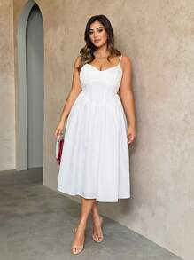 SHEIN BAE Plus Size Damska słodka sukienka retro z gorsetem w kształcie litery A z paskiem typu spaghetti i detalami na gorsecie, biała, średniej długości - Biały - Zobacz 3