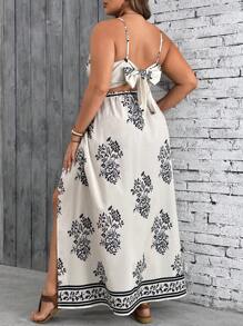 SHEIN VCAY 2 件套大码休闲花卉印花缎面衬衫套装