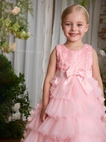 SHEIN Glamorique Kids Sukienka Tutu dla Dziewczynki z Kwiatami na Boże Narodzenie, 3-warstwowa bufiasta koronkowa błyszcząca sukienka księżniczki z kokardą, formalna suknia na przyjęcie weselne dla małych dziewczynek