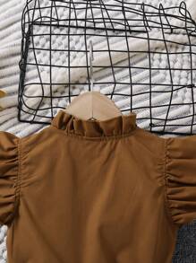 SHEIN Elladie kids 年轻女孩荷叶边蝴蝶结装饰休闲连衣裙，适合 4-7 岁女孩，外出、聚会、旅行、时尚经典 - 棕色 - 查看 5