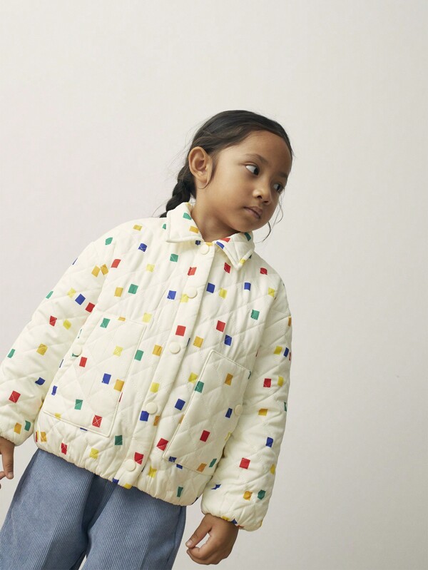 THE HAPPY LOOK Chaqueta casual acolchada a cuadros para niñas jóvenes para otoño e invierno, patrón de diamantes a cuadros en beige
