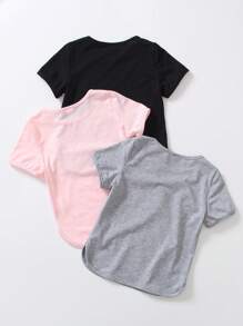 Elladie kids 3件套女童T恤，圆领针织罗纹下摆短袖，黑色、灰色、粉色可选，适合夏季休闲穿着，可搭配针织短裤或梭织短裤。 - 彩色 - 查看 2