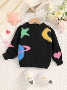 Young Girl Loose Round Neck Moon And Star Pattern Pullover Sweater, Soft And Warm For Autumn & Winter - Black - View 1