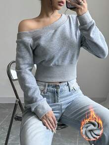 Chiquease Nữ Bất Đối Xứng Cổ Lạnh-Vai Dài Tay Màu Thời Trang Tối Giản Cổ Bất Đối Xứng Trang Áo - Màu Xám nhạt - Xem 3