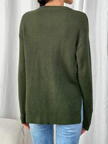 SHEIN LUNE Suéter verde militar de cuello redondo de manga larga minimalista de unicolor para mujeres - Verde militar - Ver 2