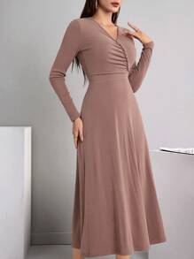 Modelyn 纯色长袖阿拉伯休闲朴素连衣裙，春秋长款晚礼服 - 藕粉色 - 查看 6