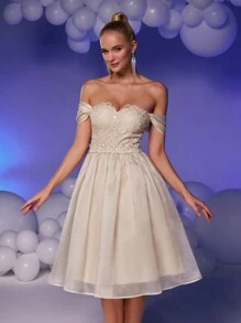 SHEIN Belle Women's White Off-Shoulder Sequin Lace Patchwork Shiny Mesh Ruffle Decor High-Waist A-Line Princess Bridal Gown,Elegant Prom Semi Formal Party Dress - Apricot - View 7