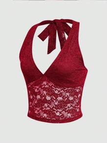 INAWLY Áo dây hở lưng phối ren màu trơn gợi cảm mùa hè cho nữ - Màu Đỏ Sâu - Xem 7