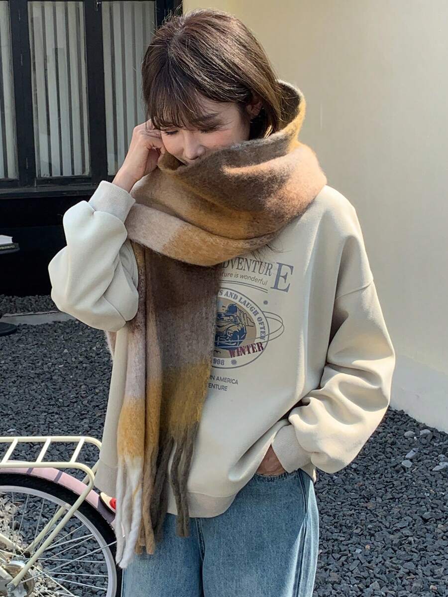 DAZY Women's Two-Tone Fringe Warm Scarf For Winter - Yellow - View 1