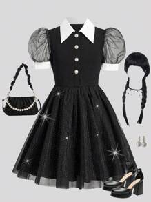 SHEIN Girlism 女童万圣节编织领泡泡短袖网眼连衣裙 - 黑色 - 查看 1