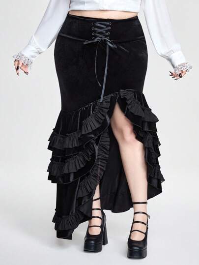 Goth Elegant geraffelter Rock mit hohem Schlitz und Taillengürtel Große Größen für Damen