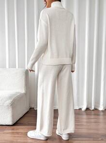 EMERY ROSE Bộ 2 món áo len dài tay cổ lọ và quần ống đứng thường ngày cho nữ - Màu be - Xem 2