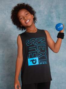 SHEIN Tween Boy Knitted Printed Vest With Slanted Pockets And Drawstring Shorts Sports Two-Piece Set - Black - View 4