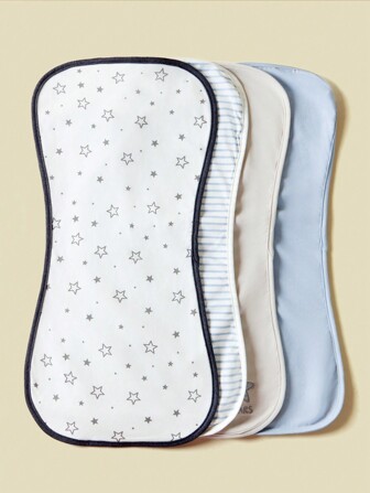 4pcs/Set Grey-Blue Series Baby Burp Cloths & Multi-Purpose Wipes, Boy Design With Star & Stripe Pattern