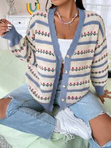 Flirla 大码时尚拼色提花针织开衫，适合冬季 - 霧霾藍 - 查看 1