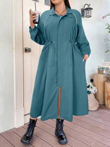 Flirla Plus Size Nữ Màu Trơn Raglan Tay Dài Tay Dây Rút Eo Dáng Rộng Áo Khoác Dài, Mùa Xuân & Mùa Thu - Màu xanh bụi bặm - Xem 6