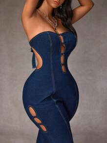 SHEIN ICON Bộ áo liền quần denim ống loe mùa hè dành cho nữ - Màu xanh lam - Xem 5