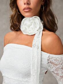 SHEIN BAE Áo ren trang trí hoa chắp vá màu trơn dành cho nữ - trắng - Xem 4