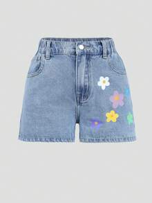 SHEIN Explorewe Quần short denim ống rộng 5 túi, thiết yếu quanh năm, thời trang denim đa năng, phong cách học thuật, mặc đi chơi, dạo phố hiện đại, mặc đi nghỉ dưỡng, thường ngày, giặt bằng enzyme, màu Dopamine, họa tiết hoa - Rửa nhẹ - Xem 6