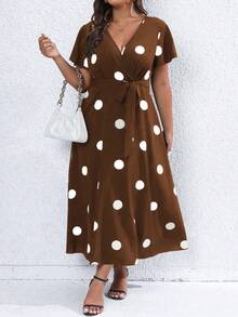 SHEIN Franclia Plus Size Women's Summer Polka Dot Print Crossover V-Neck Short Sleeve Dress - Brown - View 4