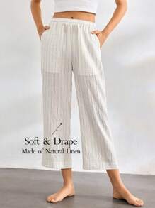 Ocili Leisure Women's Comfortable Striped Linen Home Wear Bottoms With Pockets, Long Pants - Khaki - View 1