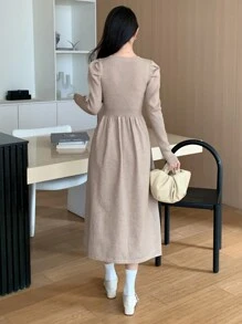 DAZY 女士纯色圆领泡泡袖超长毛衣裙，秋冬，秋季女装