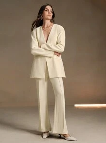 Anewsta New Style Fashion Single-Breasted Collarless Slit Tie Waist Slim Jacket Suit - Apricot - View 3