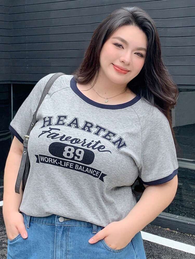 Dazy Plus Plus Size Letter Print Contrast Color Block Short Sleeve T-Shirt, Spring/Summer Slogan Oversized T-Shirt,Graphic Tees