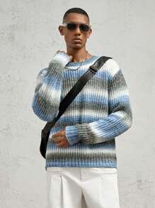 AKNOTIC Business Casual 男士宽松钩针渐变条纹针织毛衣 - 彩色 - 查看 6