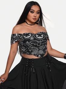 Sonchs Curiosities Blusa ajustada de estilo Y2K para mujer de talla grande con estampado de calabaza, hombro descubierto y bajo asimétrico, apta para verano, vacaciones, salir, festivales, Ibiza