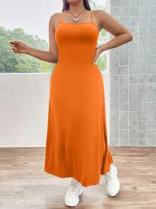 Flirla Plus Size Women's Solid Color Simple Casual Everyday All-Match Midi Dress - Orange - View 6