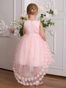 SHEIN Glamorique Kids Sukienka Tutu dla Dziewczynki z Kwiatami na Boże Narodzenie, 3-warstwowa bufiasta koronkowa błyszcząca sukienka księżniczki z kokardą, formalna suknia na przyjęcie weselne dla małych dziewczynek
