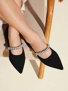 CUCCOO BASICS Rhinestone Decor Point Toe Ballet Flats Vacation Shoes Summer Elegant Flats Back To School Shoes College Student Shoes Halloween - Black - View 7