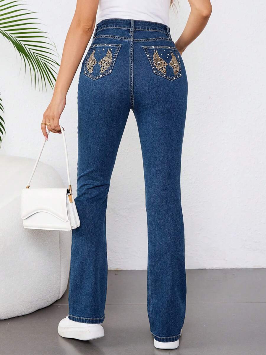 SHEIN Pregnant Women Casual Skinny Flare Jeans With Rhinestone, Blue, For Maternity
