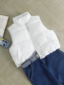 SHEIN 少女编织纯色立领口袋宽松休闲加厚无袖棉服外套 - 白色 - 查看 3