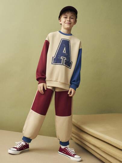 SHEIN Tween 男童秋冬拼色字母印花针织休闲运动衫日常运动连帽衫，复古风格