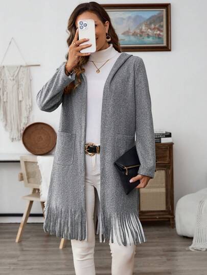 EMERY ROSE Chaqueta con capucha casual para mujer con dobladillo con flecos, otoño/invierno