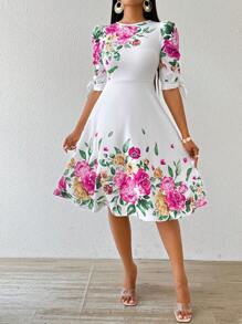 SHEIN Lady 秋冬节日礼服婚礼宾客礼服优雅白色工作针织圆领节日礼服婚礼宾客礼服梭织七分袖女装 - 彩色 - 查看 4