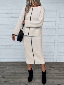 Chiquease 女士落肩长袖毛衣和松紧腰裙套装