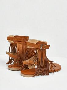 Styleloop Sandalias de gladiador con flecos para mujer, sandalias planas tipo chanclas con remaches y tachuelas al estilo occidental - Marrón - Ver 10