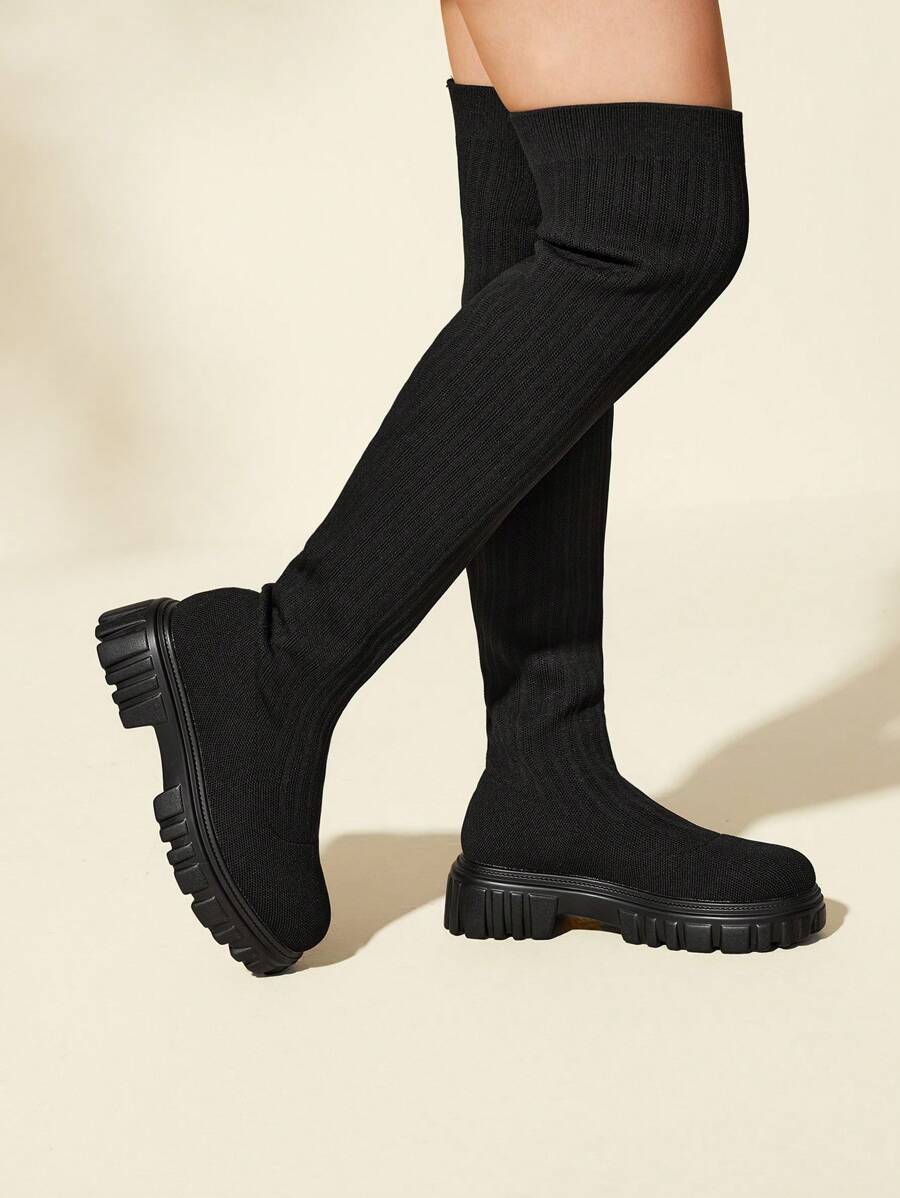 CUCCOO BASICS Women Shoes Minimalist Knit Detail Thick Sole Black Over Knee Boots Vacation Shoes Summer Back To School Shoes College Student Shoes Spring Shoes Spring Break Easter