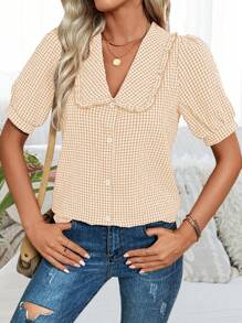 Breezaya Áo sơ mi ngắn tay cổ Peter Pan diềm xếp nếp - Màu Khaki - Xem 1