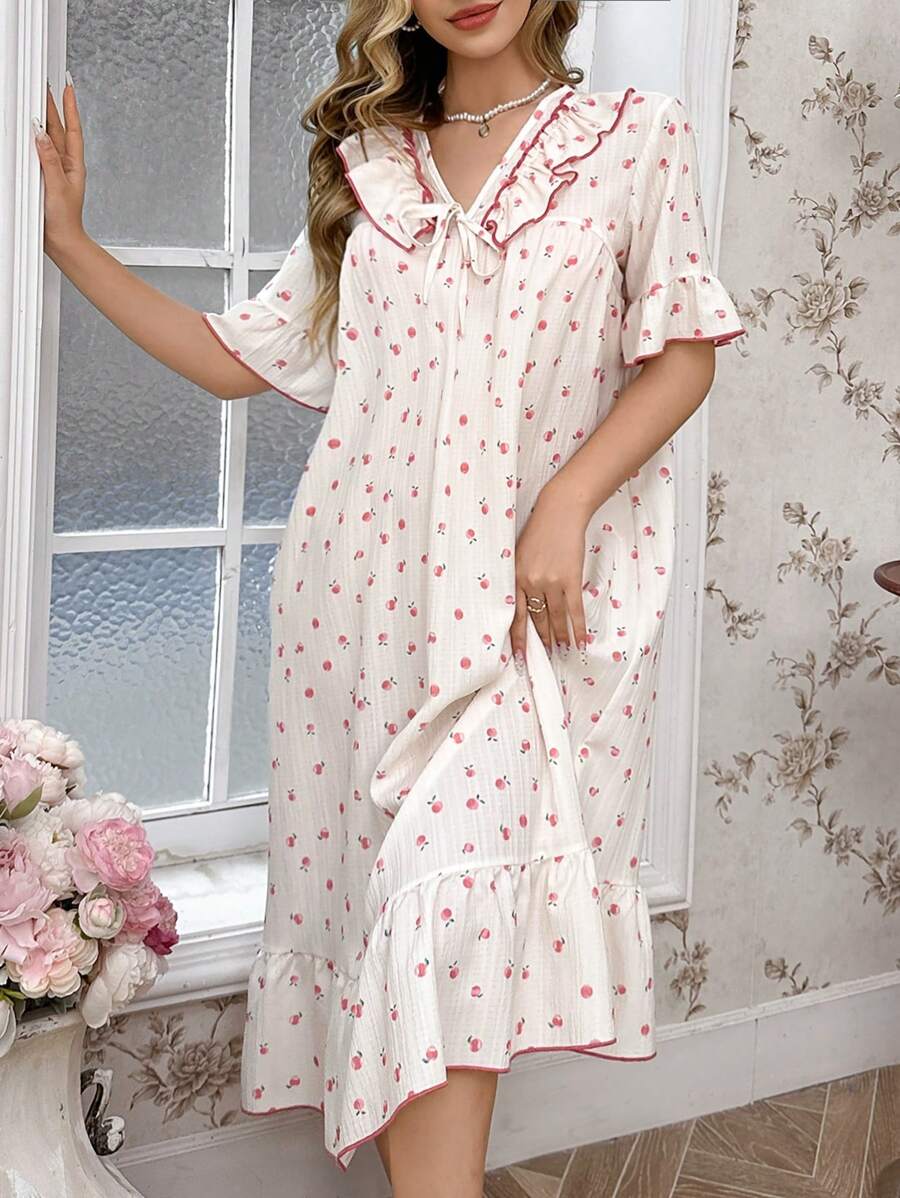 CottageSlumber Peach Printed Ruffled V-Neck Short Sleeve Loose Jacquard Ladies' Nightgown Dress - Apricot - View 1
