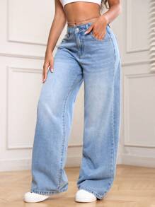 SHEIN PETITE Women Casual Pockets Wide-Leg Loose Fit Denim Jeans - Light Wash - View 4