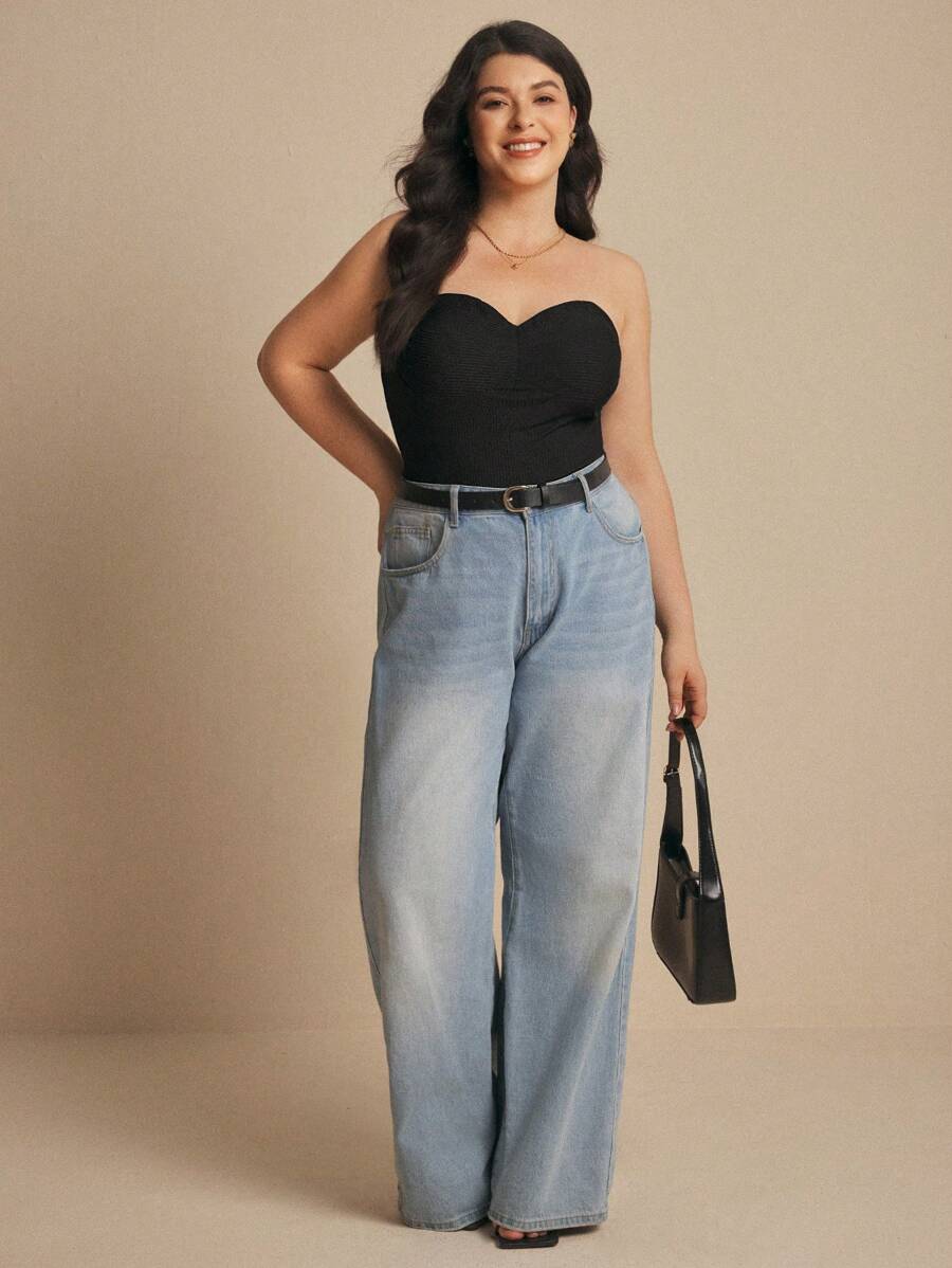 Elaquor 大码女式夏季纯色抹胸修身上衣 - 黑色 - 查看 1