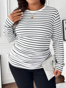SHEIN LUNE T-shirt rayé vintage à manches longues et col rond, casual, grande taille, pour femmes, vêtements d\'automne - Noir et Blanc - Voir 1