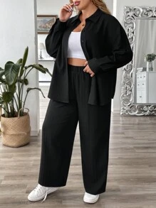 SHEIN VCAY 2pcs Plus Size Women's Casual Loose Fit Solid Color Drop Shoulder Long Sleeve Blouse And Pants Set, Spring Summer - Black - View 5