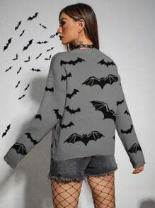 PUNK Fun Bat Print Sweater For Halloween Knit Pullover Fall Winter Outfit - Multicolor - View 2