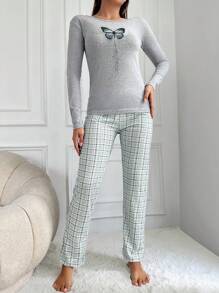 RueChic Butterfly And Plaid Print PJ Set - Multicolor - View 5