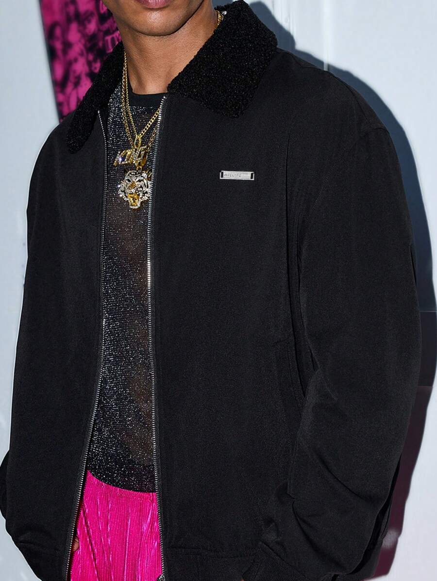 Manfinity VCAY 1 件男士 Y2K 趣味休闲高街复古风格短款夹克，适合返校季、万圣节、秋季和冬季 - 黑色 - 查看 1